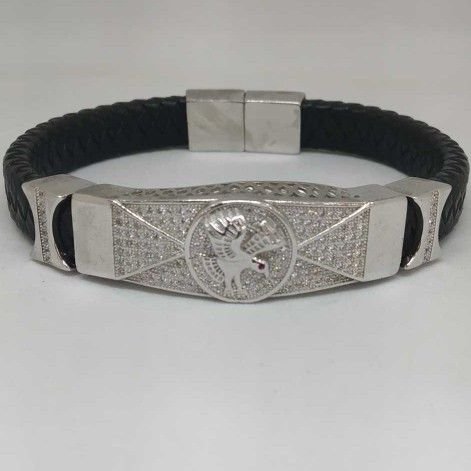 92.5 STERLING SILVER LEATHER GENTS BRACELET