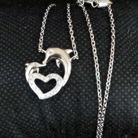 925 Sterling Silver  Heart Dolphin Designed Pendant Chain